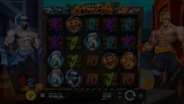 Fist of Destruction slot Demo-Spielfenster mit 8-Bit-Kämpfern und Straßenkampf-Thema
