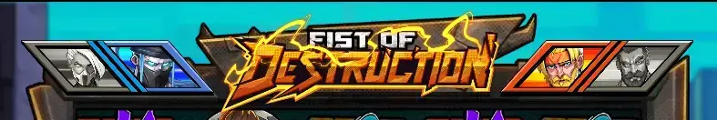 Fist of Destruction Casino Kämpferauswahl-Bildschirm mit roten und blauen Team-Optionen
